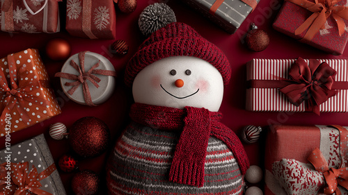 New year shopping. Snowman near colorful gift boxes and bows on red background.