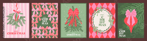 Hand drawn cards set of Merry Christmas and Happy New Year. Vintage concept with gift bows, Christmas tree and ball, texture. Minimalist trendy design for poster, cover, print, banner, invitation