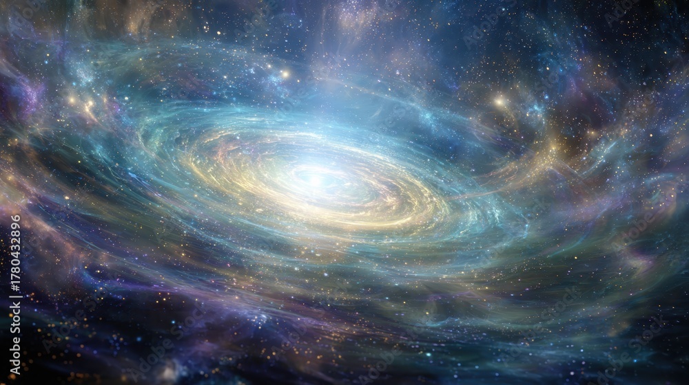 Obraz premium Cosmic swirl of color and light creates a stunning view of a spiral galaxy in the vastness of space