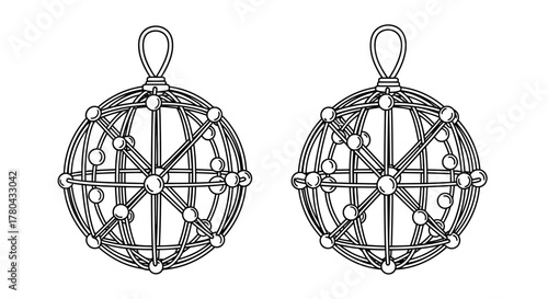 Two intricately woven wireframe spherical ornaments with loop tops illustrated