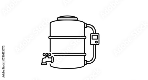 Simple line drawing of a water tank with a faucet and control panel