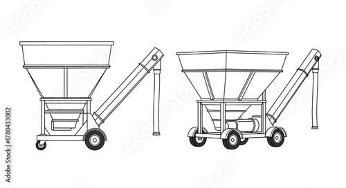 Technical drawing of industrial screw conveyors with hopper and wheeled base
