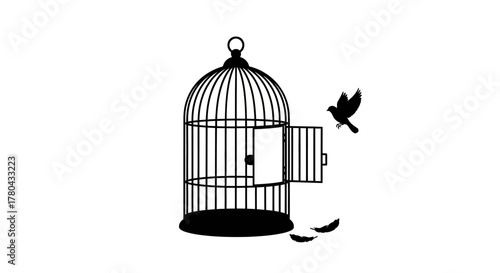 An open birdcage with a flying bird suggesting freedom and release