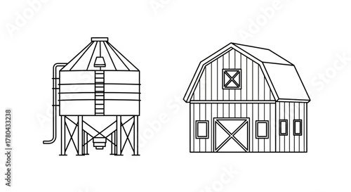 Simple line drawing of a grain silo and traditional barn structure