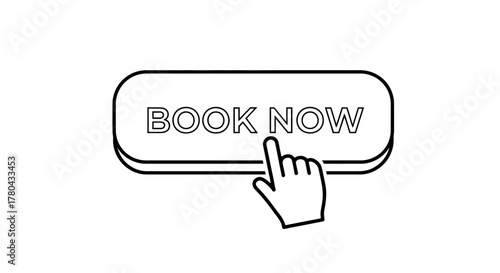 Hand pointing to a rounded book now button in black and white