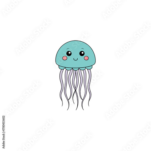 Cute teal jellyfish with pink cheeks and purple tentacles