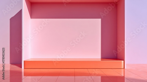 Geometric minimal abstract studio space with pink backdrop platform bright pastel hues showcasing perspective