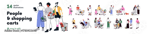 Customers with shopping carts and grocery trolleys set. Buyers, consumers with supermarket baskets. People walking with pushcarts. Flat graphic vector illustrations isolated on white background
