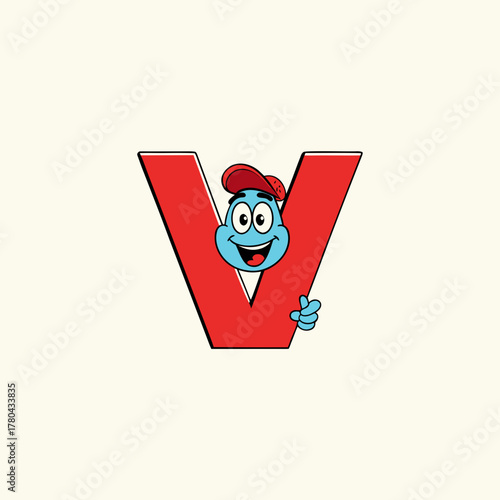 Happy blue character giving thumbs up behind red letter v