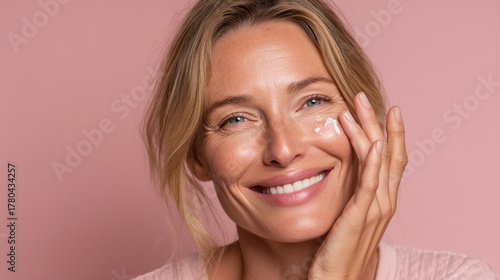 Smiling woman applying cream under her eye on a pink colored background