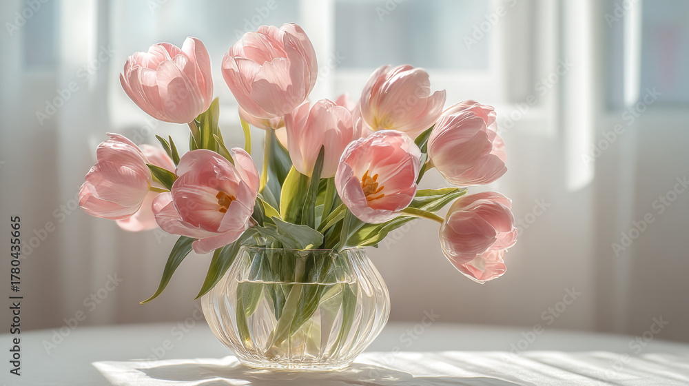 Obraz premium Pink tulips in a clear glass vase on a white surface with sunlight