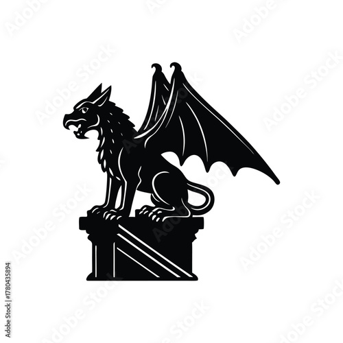 Gargoyle on Pedestal Silhouette - Gothic Monster Mythology Vector Icon