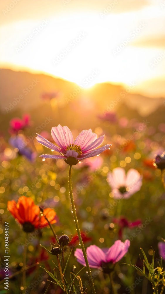 Fototapeta premium Pink cosmos flowers bloom beautifully in a summer garden field, showcasing nature's vibrant floral color and beauty