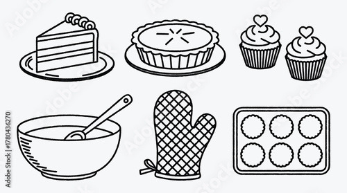 Black and White Line Art Illustration of Baking and Desserts