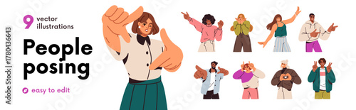 Happy men and women posing for photo portraits set. People in stances playing positive emotions, showing hand gestures, face expressions. Flat graphic vector illustrations isolated on white background