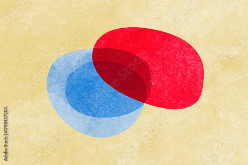 Abstract minimalist overlapping red and blue shapes on yellow background