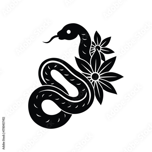 Coiled Snake and Flower Silhouette Tattoo Design