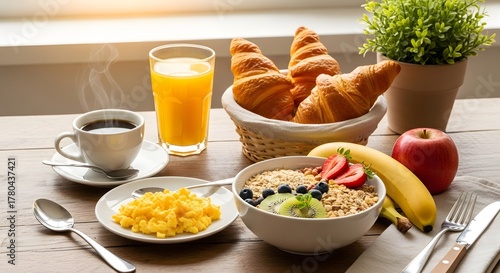 Delicious breakfast spread with coffee, orange juice, croissants, eggs, cereals, and fresh fruits, representing a healthy and balanced diet