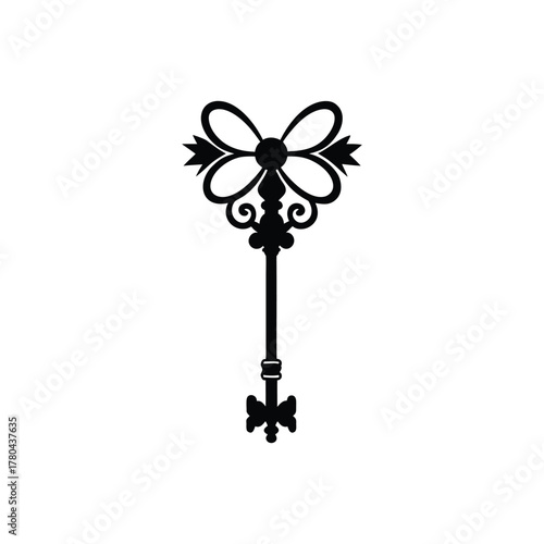 Ornate Vintage Skeleton Key with Bow Design Silhouette