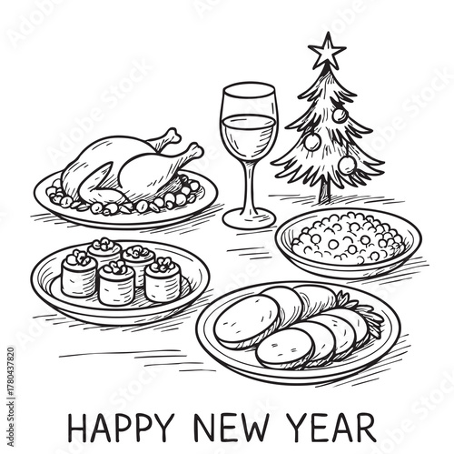 Merry Christmas greeting card, banner. Doodle drawing of served table ready for dinner