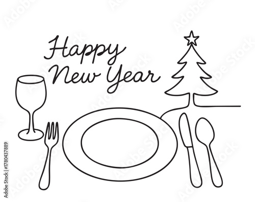 Merry Christmas greeting card, banner. Doodle drawing of served table ready for dinner