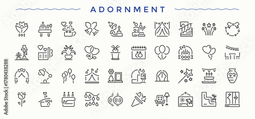 Adornment linear icon set. UI icons set in a thin style. Includes thin line symbols decoration, anniversary, festival, celebrate, dance. Editable stroke vector art. Firework icon set.