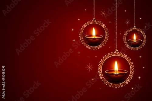 Golden Circular Frames With Diya Lamps On Maroon Background