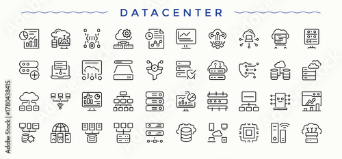 Data Center icon set. Pictograms of analytics, cloud data, hosting, storage, host, computing and more. Set of line pictogram. Vector illustration in modern line style. Data Center modern icon set.