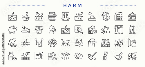 Harm icon pack. Minimal icons set. Contains such icons as waste, eco, ecology, ecological, garbage, trash, recycle. Vector artwork and illustration. Waste icon collection.