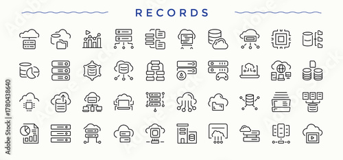 Records line icon set. Minimalist icons collection. Data icon. Pictograms of document, folder, paper, page, archive, file, doc and more.