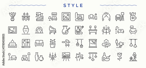 Style icon set. Minimal icons pack. Decor vector line icon set. Related to interior, desing, decoration, art, architecture and more.