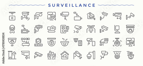 Surveillance vector icon set. Trendy minimal icons. Vector collections. Shield modern icon set. Included cctv, safe, firewall, security, shield and more.