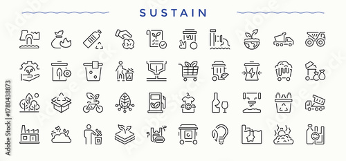 Sustainability linear icon set. Contains such symbols as sustainable, energy, recycling, climate, eco and more. Environmental icon. Minimal icons set. Pixel perfect. Editable vector.