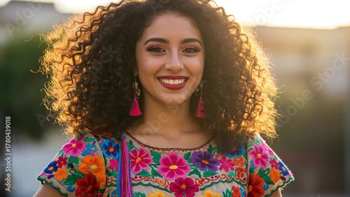 Woman wearing a colorful embroidered blouse