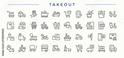 Takeout icon set. Contains related to basket, delivery, sale, cart, sell, e-commerce, commerce and more. Sign and Symbol. Editable stroke. Purchase icon collection.