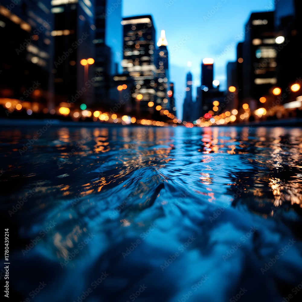Fototapeta premium City Lights Reflections Nighttime Urban Landscape Wet Street Scenery