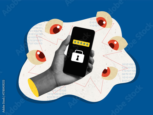 Secure mobile device with password protection against cyber threats. Vector illustration