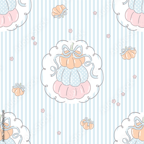 Pastel Stacked Pumpkin with Bow Seamless Pattern on Blue Stripes. Cute Retro Framed Autumn Nursery Design. Grand millennial Preppy Coquette Pumpkin Cameo background, Vintage Shabby Chic Autumn