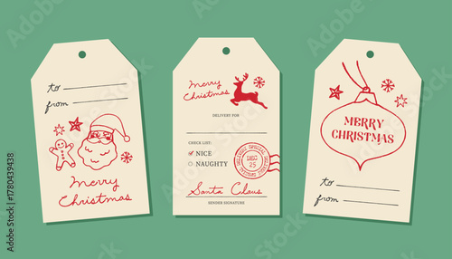Set of Christmas gift tags with hand lettering, vintage Santa, reindeer & ornament designs for presents, cards, wrapping, and holiday packaging