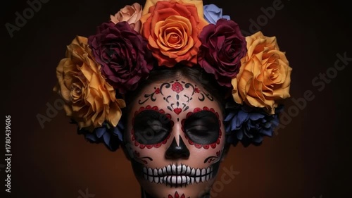 Woman with sugar skull makeup and flower crown