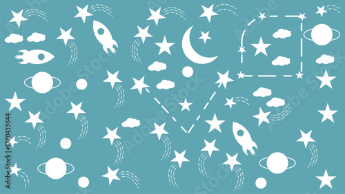 Seamless space pattern featuring rockets planets stars and clouds design element