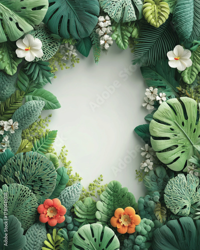 Tropical Foliage Frame: An artful arrangement of vibrant green leaves and delicate flowers creates a captivating frame.