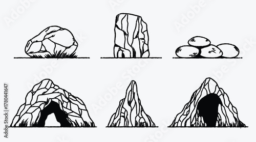 Illustration of various rock formations and cave entrances on white background
