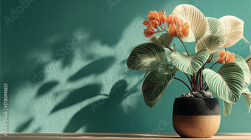 Nature's Artistry: A vibrant plant in a stylish pot, casting captivating shadows on a textured wall, celebrating the interplay of light and life.