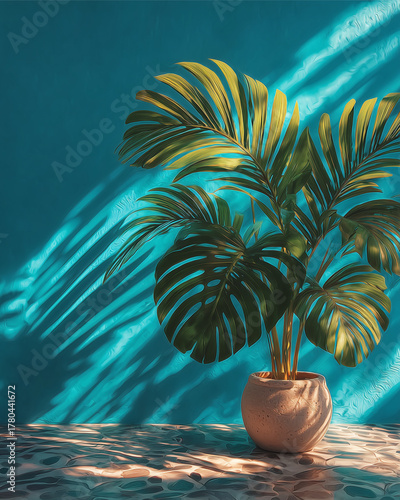 Green Plant in Vase: A vibrant green plant, with its lush leaves, thrives in a decorative vase, bathed in sunlight. The shadow creates an enchanting backdrop.