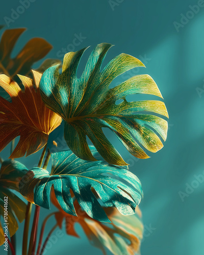 Monstera Plant: Artistic shot of a vibrant monstera plant's leaves, their lush green and yellow hues contrasting against the soft turquoise backdrop, capturing natural beauty and artistic flair.