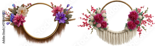 Boho Circular Frame with Fringe and Floral Accents for Decoration Isolate on Transparent Background, png