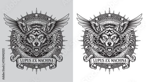 Lupus Ex Machina Winged Wolf Head Mascot Emblem Design