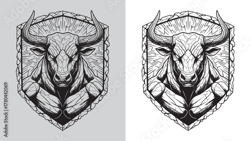 Monochrome Cracked Stone Bull Head Shield Emblem