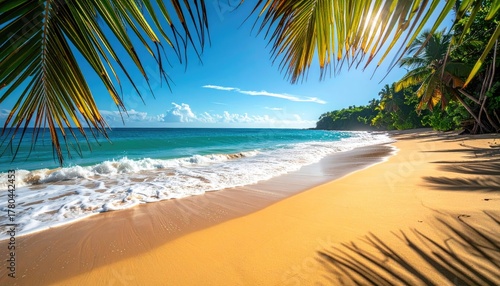 Fototapeta Naklejka Na Ścianę i Meble -  Idyllic Tropical Island Paradise With Lush Greenery Golden Sand Beach Turquoise Ocean Water and Palm Fronds Framing the Scene Under Bright Sunlight